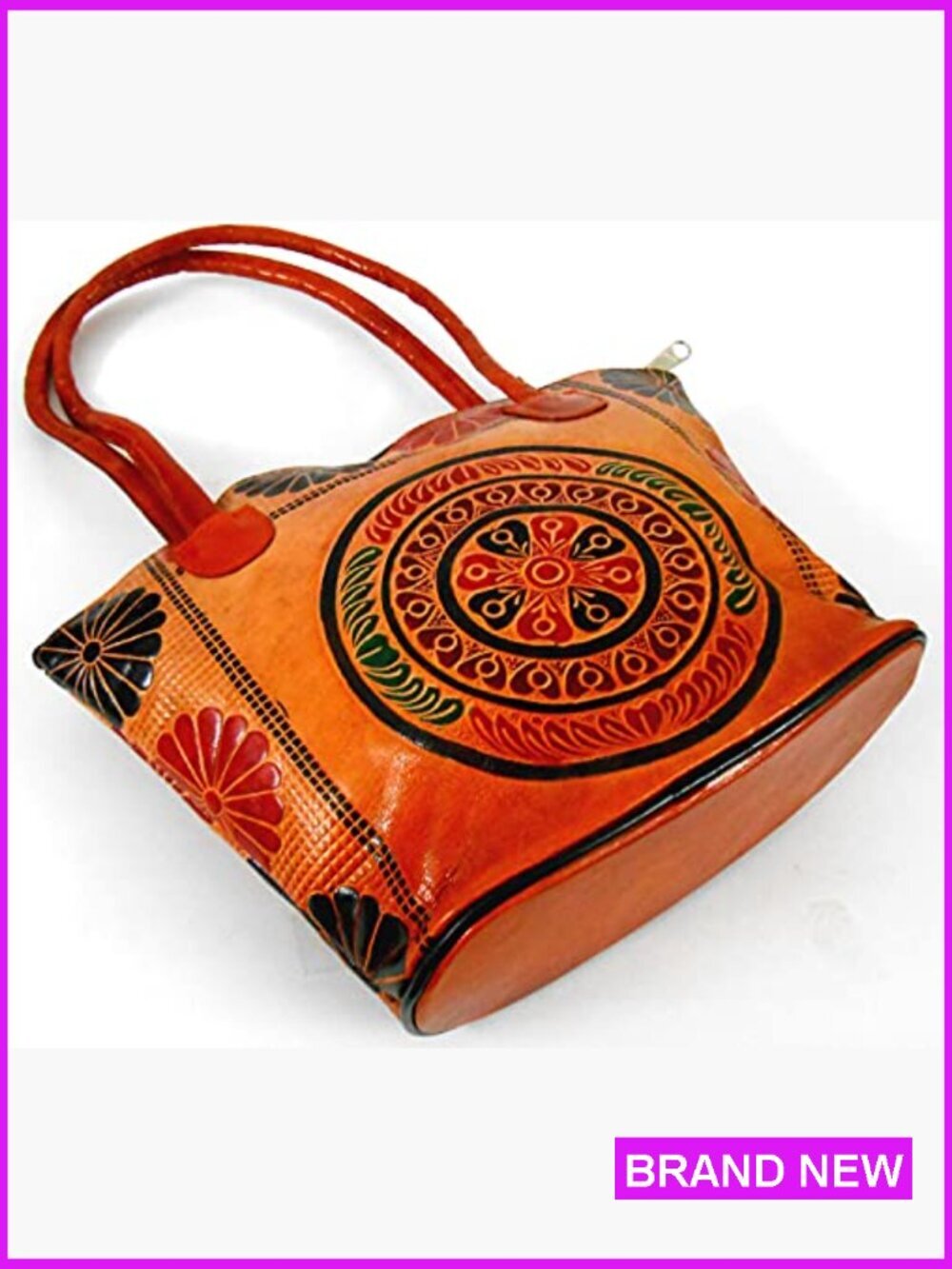 Hand Embossed Leather Shoulder Bag Vintage Ethnic Baguette Purse Zippered - Picture 4 of 7